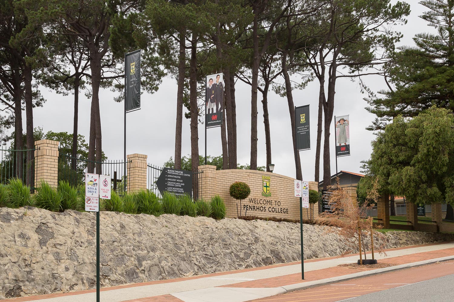 Banner flags, main introduction signage, and wayfinding signs